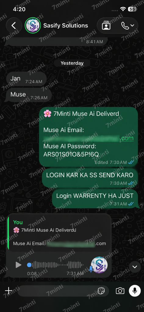 7minti Verified Delivery #8 - Muse AI Enterprise Seat WhatsApp Dispatch Proof