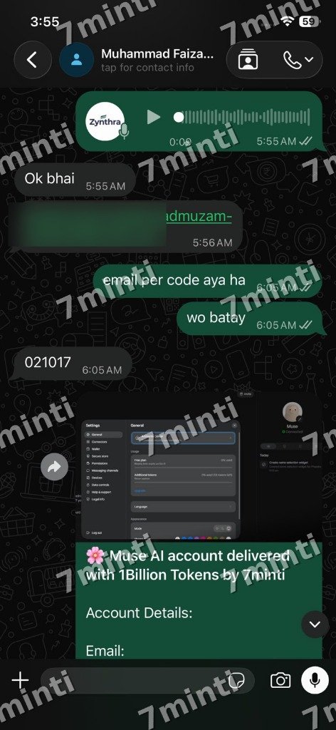 7minti Verified Delivery #5 - Muse AI (1 Billion Tokens) WhatsApp Dispatch Proof